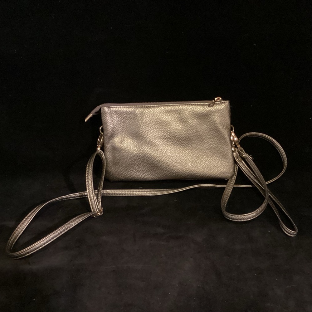 Bronze Crossbody with three zippered pouches and credit card slots, 24”